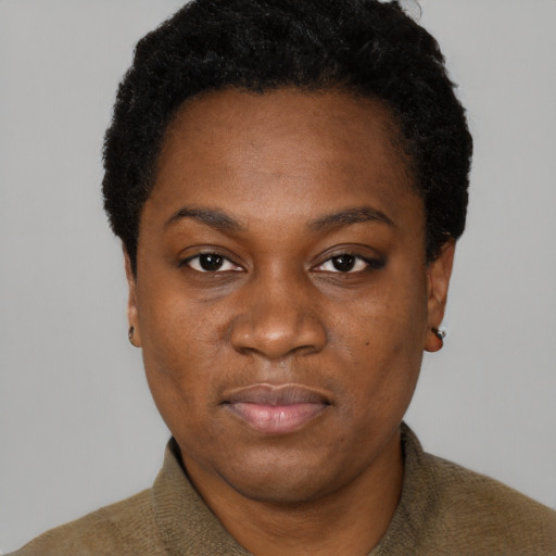 Neutral black young-adult female with short  black hair and brown eyes