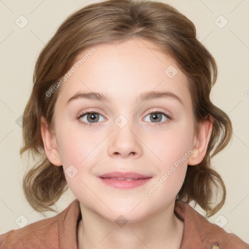 Joyful white child female with medium  brown hair and grey eyes