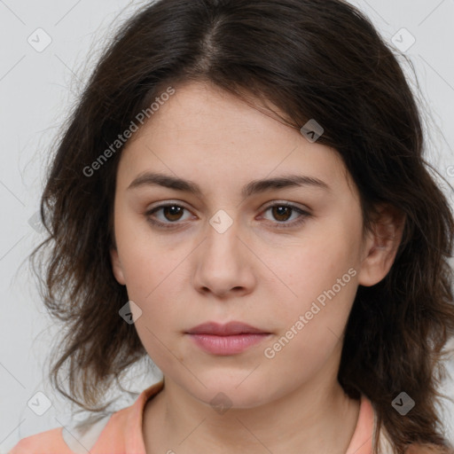 Neutral white young-adult female with medium  brown hair and brown eyes