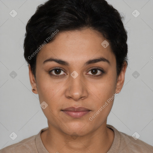 Neutral latino young-adult female with short  black hair and brown eyes