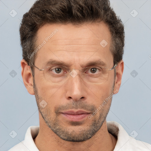 Neutral white adult male with short  brown hair and brown eyes