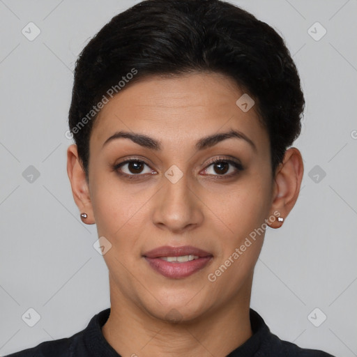 Joyful latino young-adult female with short  brown hair and brown eyes