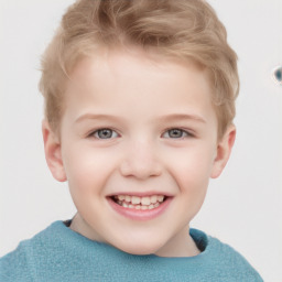 Joyful white child male with short  brown hair and grey eyes