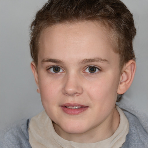 Joyful white young-adult female with short  brown hair and blue eyes