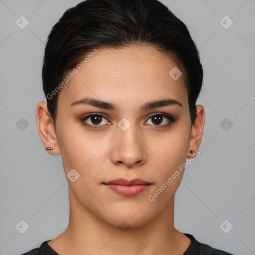 Neutral white young-adult female with short  brown hair and brown eyes