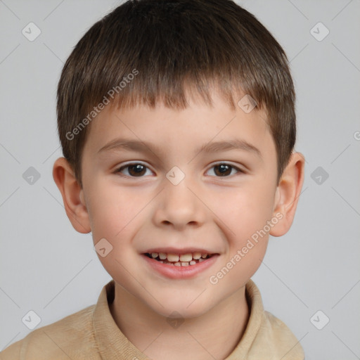 Joyful white child male with short  brown hair and brown eyes