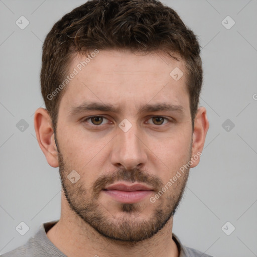 Neutral white young-adult male with short  brown hair and grey eyes