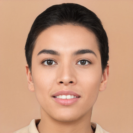 Joyful asian young-adult female with short  brown hair and brown eyes