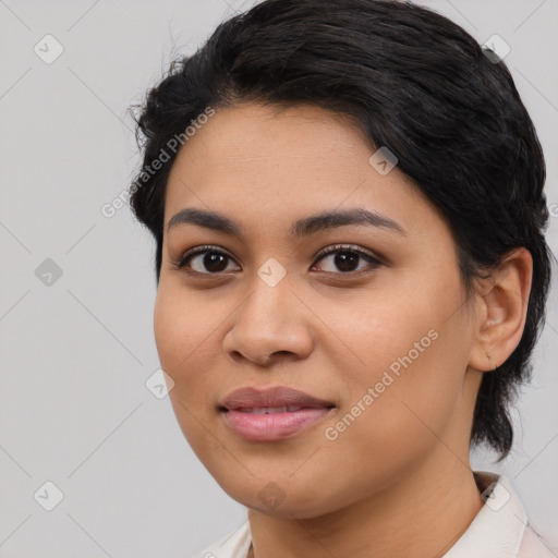 Joyful asian young-adult female with medium  black hair and brown eyes