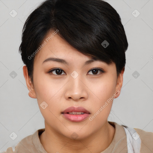 Neutral asian young-adult female with short  brown hair and brown eyes