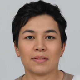 Neutral asian young-adult female with short  black hair and brown eyes