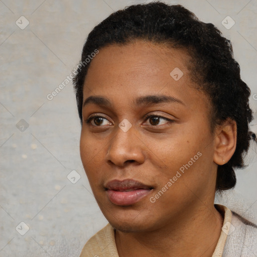 Neutral black young-adult female with short  black hair and brown eyes