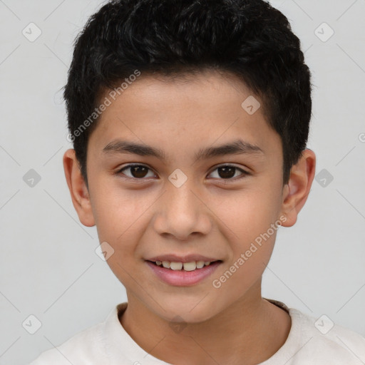 Joyful white child male with short  brown hair and brown eyes