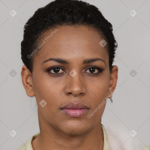 Neutral black young-adult female with short  brown hair and brown eyes