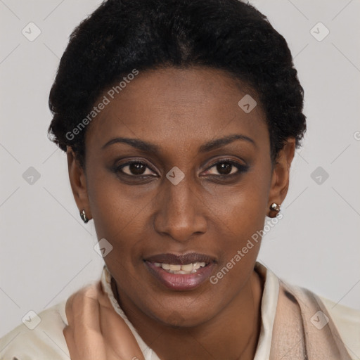 Joyful black young-adult female with short  brown hair and brown eyes