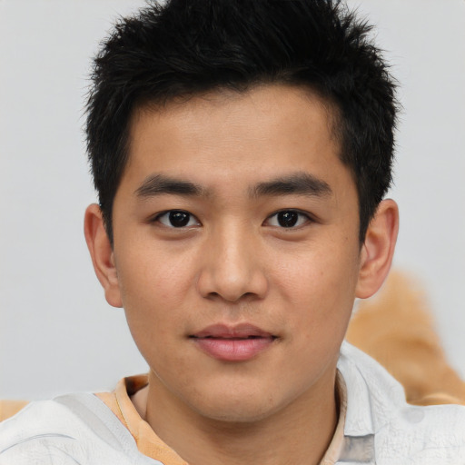 Neutral asian young-adult male with short  brown hair and brown eyes