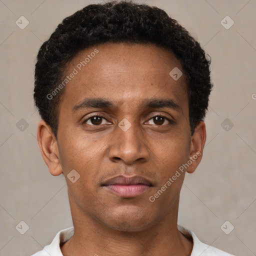 Neutral black young-adult male with short  brown hair and brown eyes