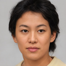 Neutral asian young-adult female with medium  brown hair and brown eyes