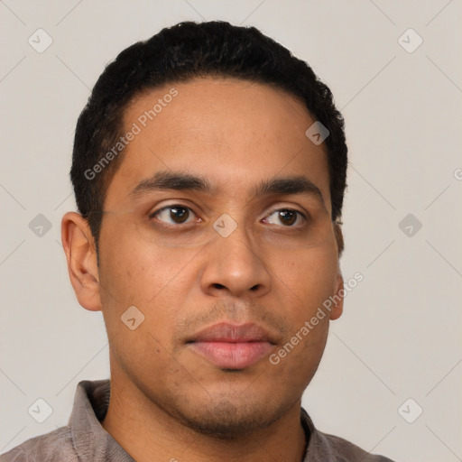 Neutral latino young-adult male with short  black hair and brown eyes