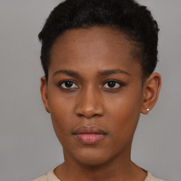 Neutral black young-adult female with short  black hair and brown eyes