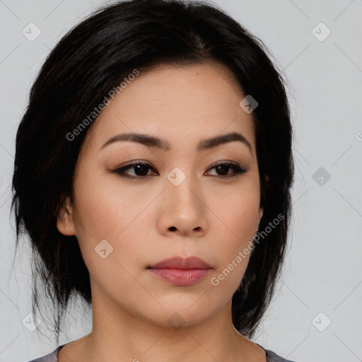 Neutral asian young-adult female with medium  black hair and brown eyes