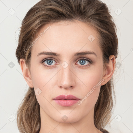 Neutral white young-adult female with medium  brown hair and grey eyes