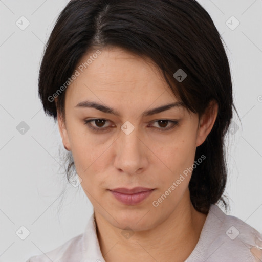 Neutral white young-adult female with medium  brown hair and brown eyes