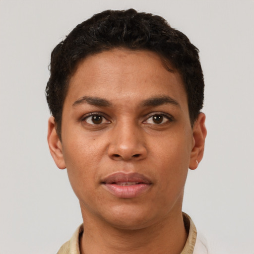 Neutral latino young-adult female with short  brown hair and brown eyes