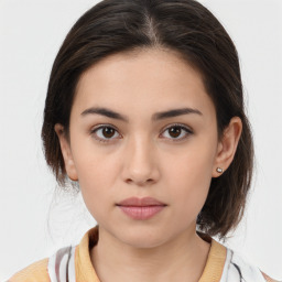 Neutral white young-adult female with medium  brown hair and brown eyes