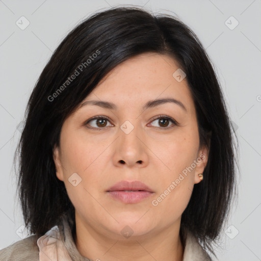 Neutral asian young-adult female with medium  brown hair and brown eyes