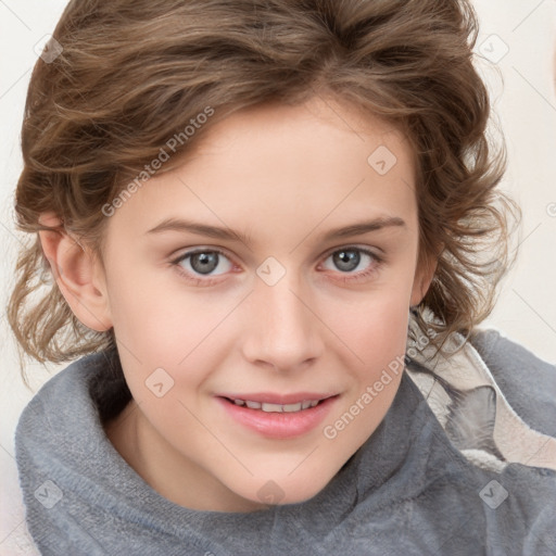 Joyful white child female with medium  brown hair and blue eyes