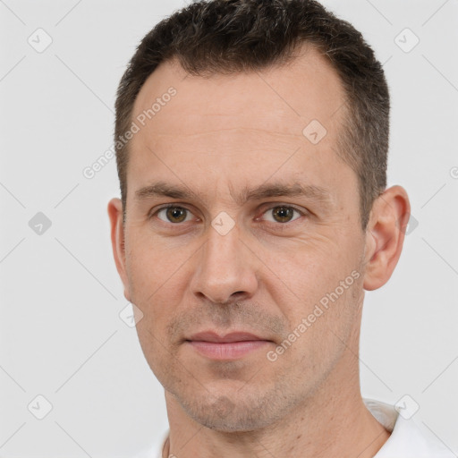 Neutral white adult male with short  brown hair and brown eyes