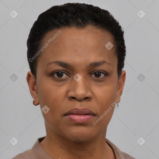 Joyful black young-adult female with short  black hair and brown eyes