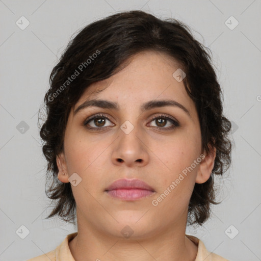 Neutral white young-adult female with medium  brown hair and brown eyes