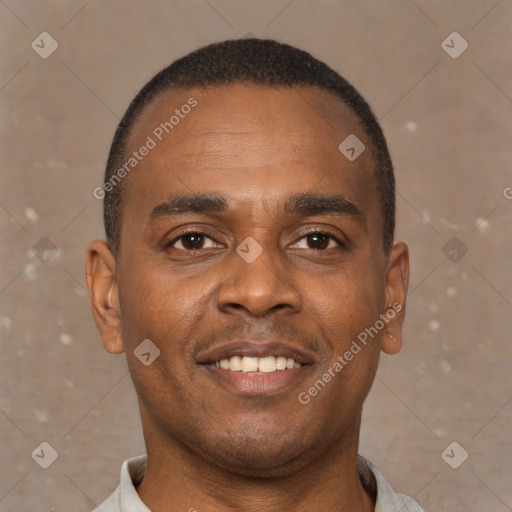 Joyful latino young-adult male with short  brown hair and brown eyes