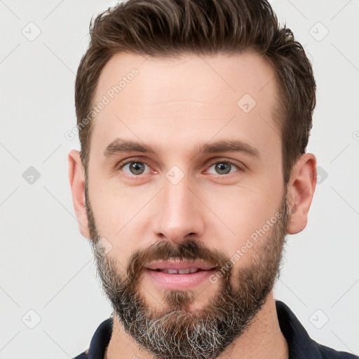 Neutral white young-adult male with short  brown hair and grey eyes