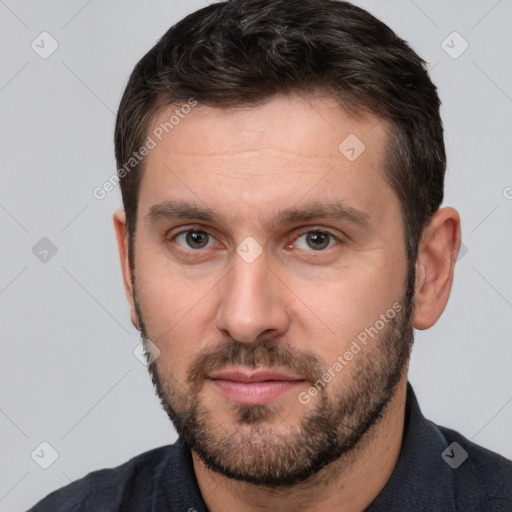 Neutral white young-adult male with short  brown hair and brown eyes