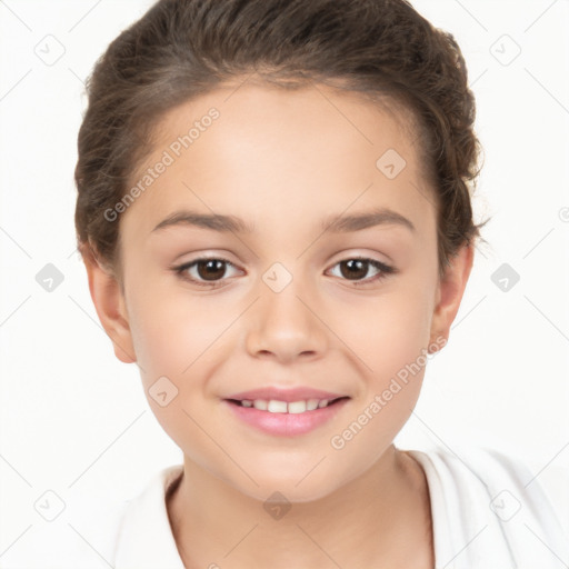 Joyful white child female with short  brown hair and brown eyes