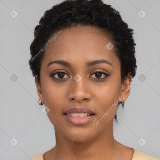 Joyful latino young-adult female with short  black hair and brown eyes