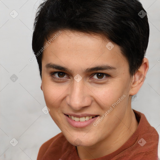 Joyful white young-adult female with short  brown hair and brown eyes