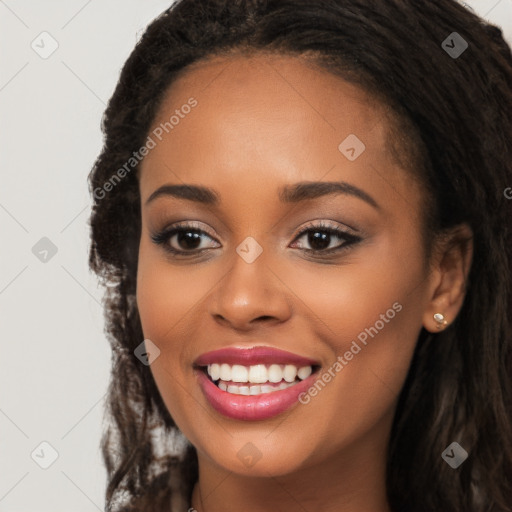 Joyful latino young-adult female with long  brown hair and brown eyes