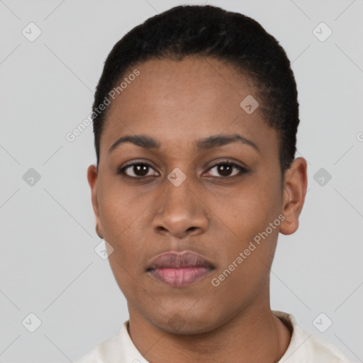 Neutral black young-adult female with short  black hair and brown eyes