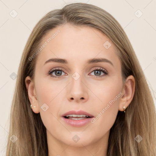 Joyful white young-adult female with long  brown hair and grey eyes