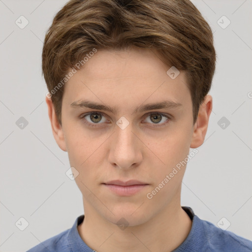 Neutral white young-adult male with short  brown hair and brown eyes