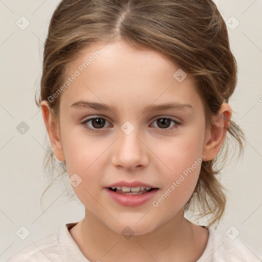 Joyful white child female with medium  brown hair and brown eyes