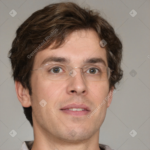 Joyful white adult male with short  brown hair and grey eyes