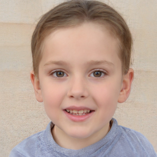 Joyful white child female with short  brown hair and brown eyes