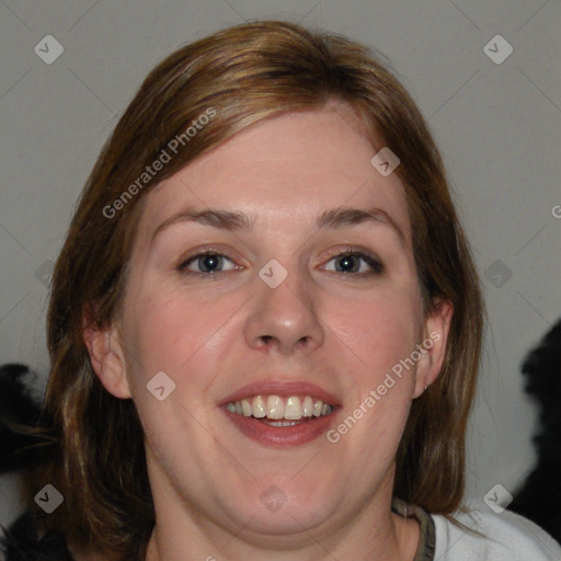 Joyful white young-adult female with medium  brown hair and blue eyes