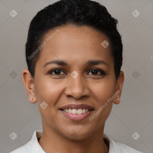 Joyful latino young-adult female with short  black hair and brown eyes