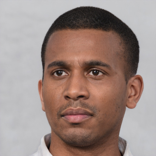 Neutral black young-adult male with short  black hair and brown eyes